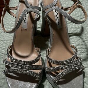 Nina Women's Silver Strappy Platform Heels